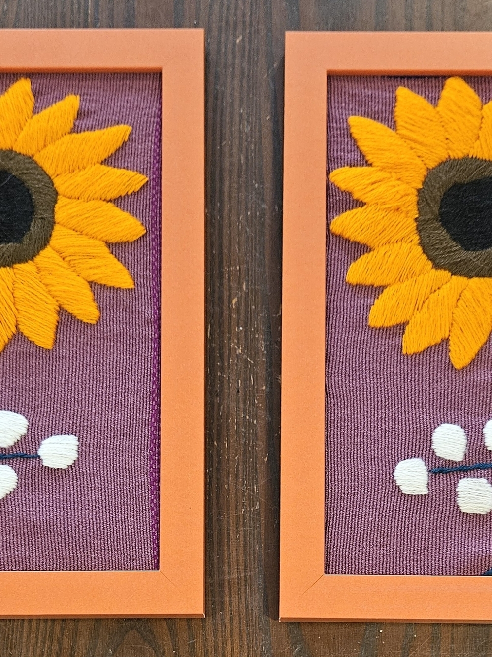 Framed Sunflower Fiber Art - Orange Frame, Purple Background